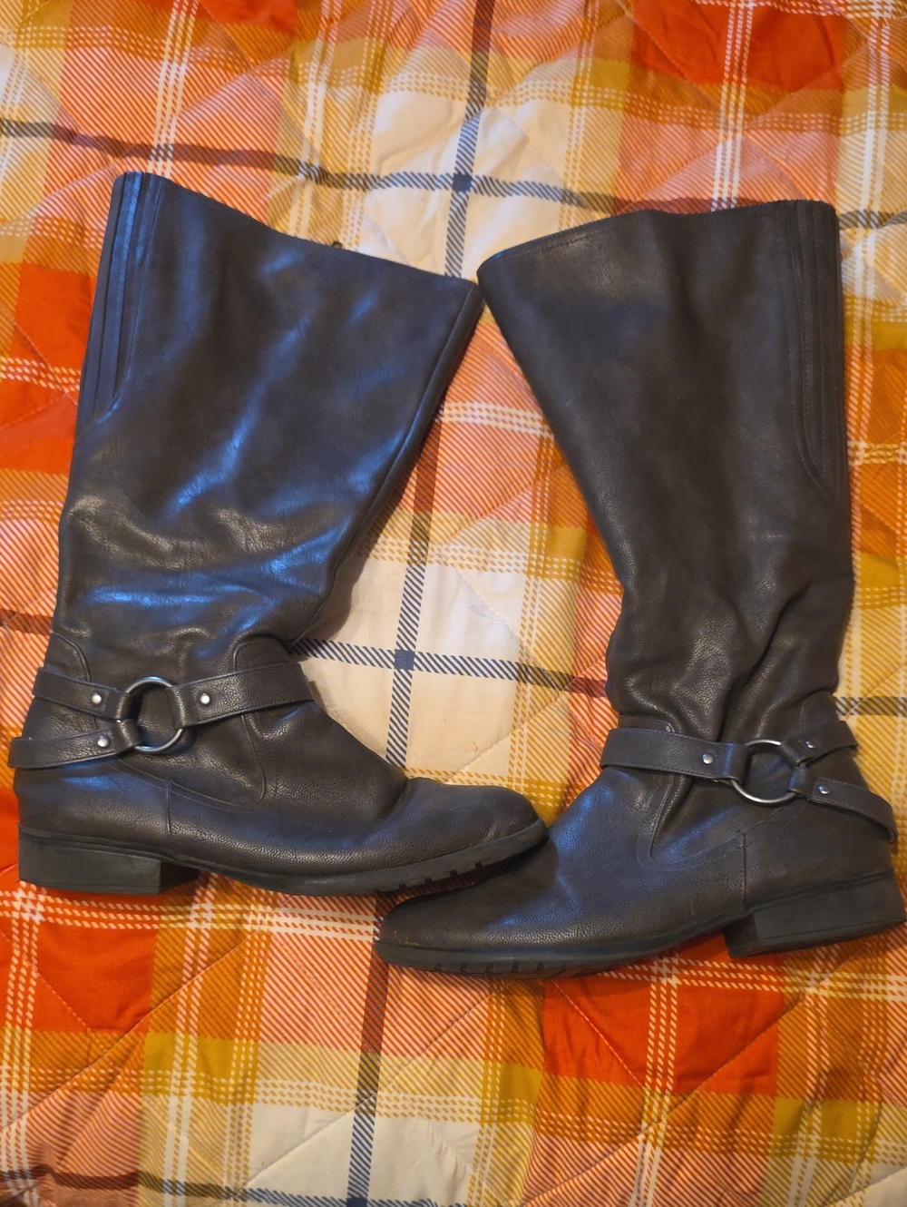 Life Stride Women's Tall Black Leather Riding Boots with Ring Strap